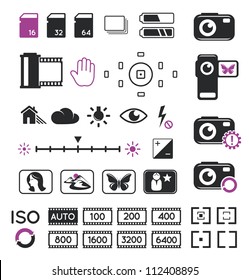 Camera display icons and screen symbols vector set svg