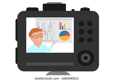 Camera display, video lecture recording process for distance learning. Isolated on a white. The work of a videographer.