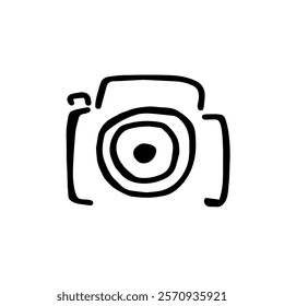 Camera in doodle style isolated on white background. Signature icon. Vector outline illustration. Can be used as icon or symbol. Decoration element. Hand drawn black sketch.