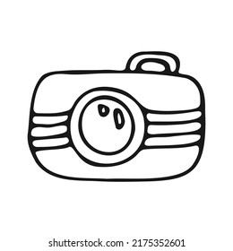 Camera in doodle style. Photographic equipment. Vector outline black and white illustration.