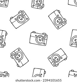 Camera doodle vector seamless pattern on white background