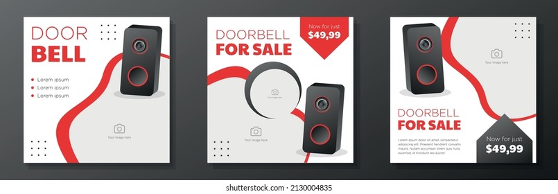 Camera Doorbell For Sale Social Media Post, Banner Set, Home Security Door Bell Advertisement Concept, Ringing Video Camera Protection Marketing Square Ad, Abstract Print, Isolated On Background.