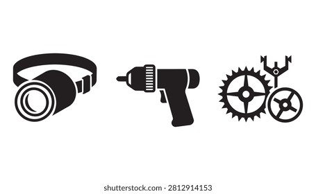 Camera, Drill and Gear Tools Icon Set
Description: A versatile black icon set featuring a camera, power drill, and mechanical gear, suitable for general tools, technology, and equipment related designs.