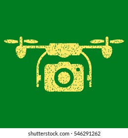 Camera Drone grainy textured icon for overlay watermark stamps. Flat symbol with unclean texture. Dotted vector yellow ink rubber seal stamp with grunge design on a green background.
