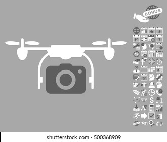 Camera Drone icon with bonus calendar and time service pictograms. Vector illustration style is flat iconic symbols, dark gray and white colors, silver background.