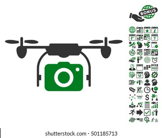 Camera Drone icon with bonus calendar and time service pictograph collection. Vector illustration style is flat iconic symbols, green and gray colors, white background.