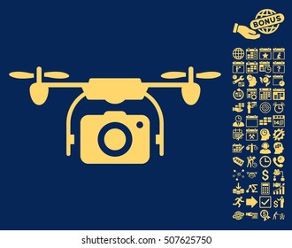 Camera Drone icon with bonus calendar and time service images. Vector illustration style is flat iconic symbols, yellow color, blue background.