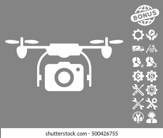 Camera Drone icon with bonus setup tools clip art. Vector illustration style is flat iconic symbols, white color, gray background.