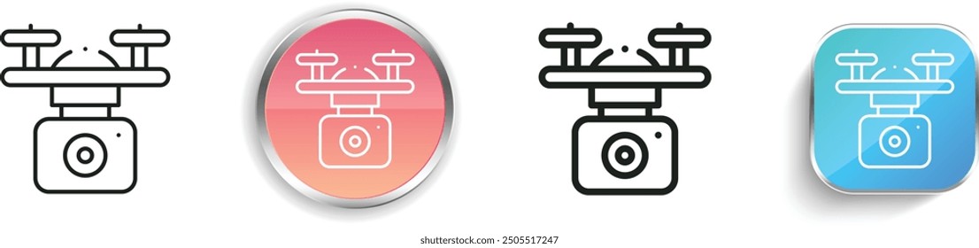 Kamera-Drohnen-Symbol. Design mit dünnen Linien, regelmäßigen Linien und Schaltflächen einzeln auf weißem Hintergrund