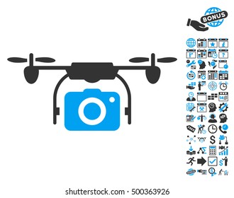 Camera Drone pictograph with bonus calendar and time management clip art. Vector illustration style is flat iconic symbols, blue and gray colors, white background.