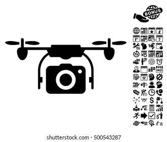 Camera Drone pictograph with bonus calendar and time management clip art. Vector illustration style is flat iconic symbols, black color, white background.