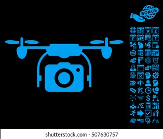 Camera Drone pictograph with bonus calendar and time service icon set. Vector illustration style is flat iconic symbols, blue color, black background.