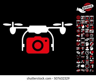 Camera Drone pictograph with bonus calendar and time management icon set. Vector illustration style is flat iconic symbols, red and white colors, black background.