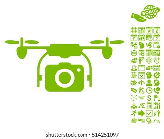 Camera Drone pictograph with bonus calendar and time service pictures. Vector illustration style is flat iconic symbols, eco green color, white background.