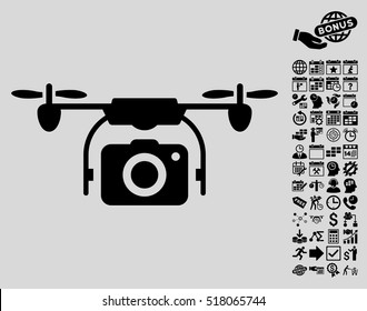 Camera Drone pictograph with bonus calendar and time management pictograms. Vector illustration style is flat iconic symbols, black color, light gray background.