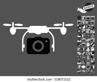 Camera Drone pictograph with bonus calendar and time service design elements. Vector illustration style is flat iconic symbols, black and white colors, gray background.