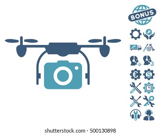 Camera Drone pictograph with bonus configuration symbols. Vector illustration style is flat iconic symbols, cyan and blue colors, white background.
