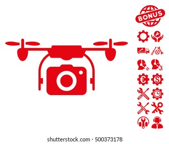 Camera Drone pictograph with bonus configuration clip art. Vector illustration style is flat iconic symbols, red color, white background.