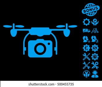 Camera Drone pictograph with bonus configuration icon set. Vector illustration style is flat iconic symbols, blue color, black background.