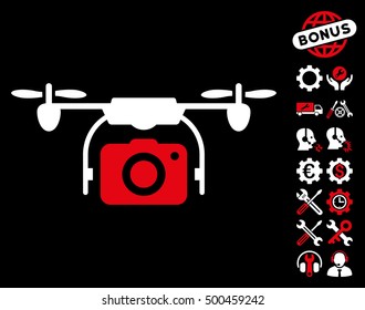 Camera Drone pictograph with bonus tools symbols. Vector illustration style is flat iconic symbols, red and white colors, black background.
