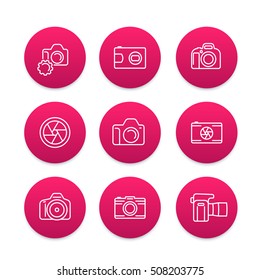 camera, dslr, aperture round line icons set, vector illustration