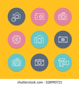 camera, dslr, aperture round linear icons set, vector illustration