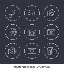 camera, dslr, diaphragm, photography line icons in circles, vector illustration, eps10, easy to edit