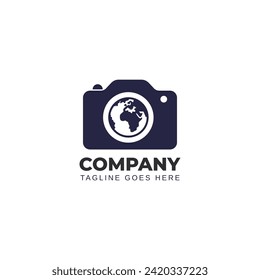 camera and earth negative space logo vector icon illustration