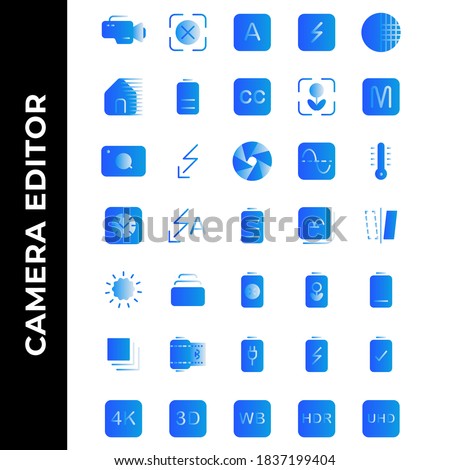 camera editor icon set include flash,photo filter,power,resolution,gallery,image,battery