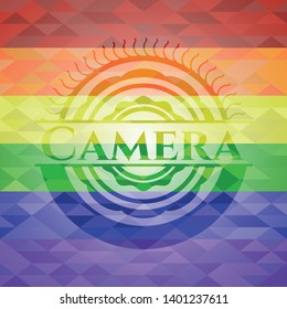 Camera emblem on mosaic background with the colors of the LGBT flag