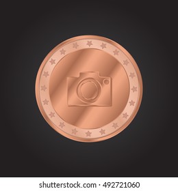 Camera embossed realistic bronze coin precious Icon / Logo Design
