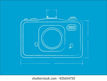 Camera  engineering specs in blue print plan. Editable Clip Art. 