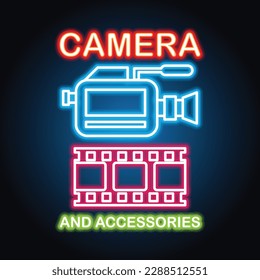 Camera equipment neon signboard plank for camera store. vector illustration