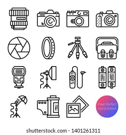 camera and equipment outline icons, vector pixel perfect design, editable stroke