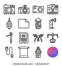 camera and equipment outline icons, vector pixel perfect design, editable stroke