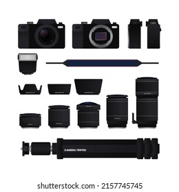 Camera equipment set (lens, lens hood, tripod, external flash, strap) on white background, vector illustration