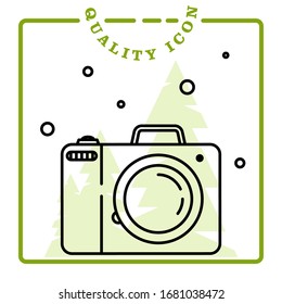 Camera, equipment for shooting photos. Design element. Outline icon, linear design. Stock vector illustration.