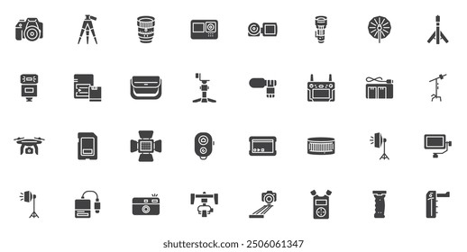 Camera equipment vector icons set, modern solid symbol collection, filled style pictogram pack. Signs, logo illustration. Set includes icons as Audio Video recording, DSLR Camera, Studio light, Drone