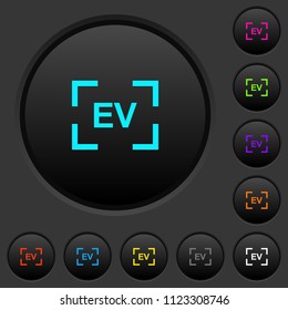 Camera exposure value setting dark push buttons with vivid color icons on dark grey background
