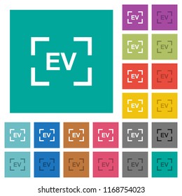 Camera exposure value setting multi colored flat icons on plain square backgrounds. Included white and darker icon variations for hover or active effects.