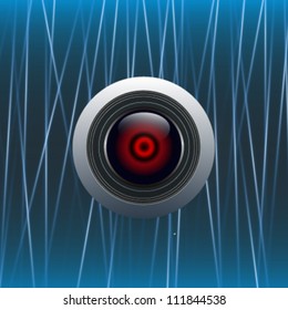 Camera Eye Over Lasers Background. Vector Design.