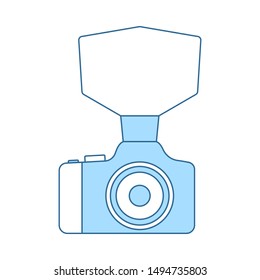 Camera With Fashion Flash Icon. Thin Line With Blue Fill Design. Vector Illustration.