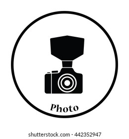 Camera with fashion flash icon. Thin circle design. Vector illustration.