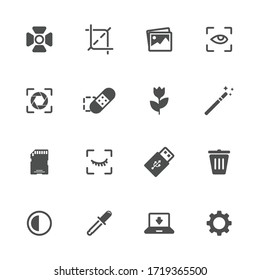 Camera features flat icons in gray. Set of 16 pieces.