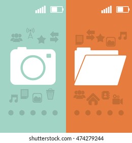 camera file pointed wallpaper battery signal mobile apps application online icon set. Colorful and flat design. Vector illustration