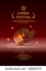 Camera film 35 mm roll gold, festival movie poster, Slide films frame, vector illustration