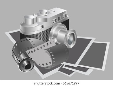 camera and film against the background of the photos. Vector illustration.