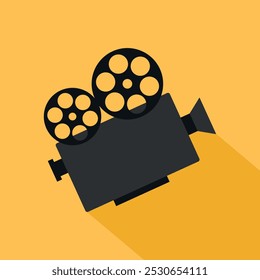 Camera film icon on yellow background. Filmmaking equipment icon. Cinema symbol. Vector illustration