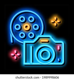 camera film neon light sign vector. Glowing bright icon camera film sign. transparent symbol illustration