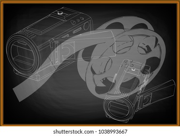 Camera and a film on black background. Drawing. 3d model